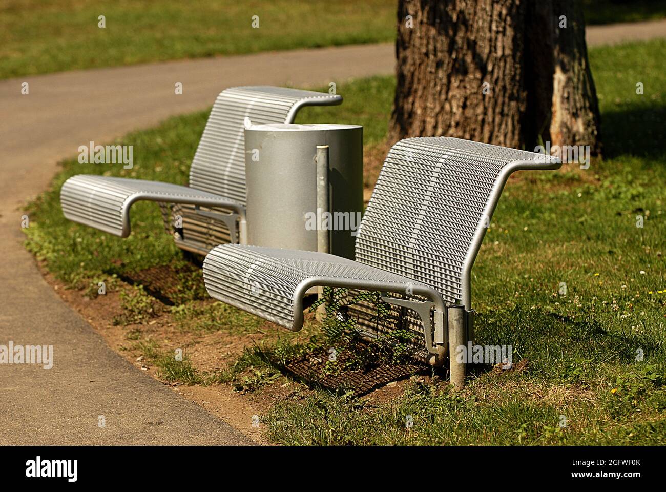 benches at a deserted park, Germany Stock Photo