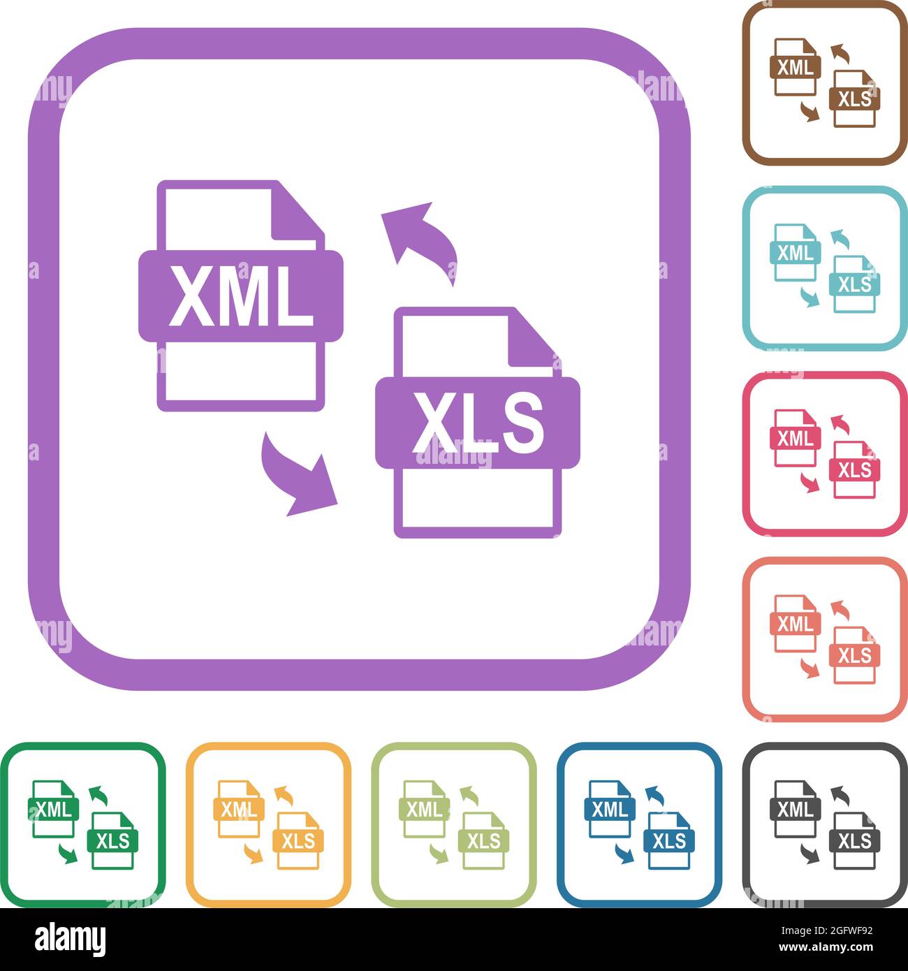 XML XLS file conversion simple icons in color rounded square frames on white background Stock Vector