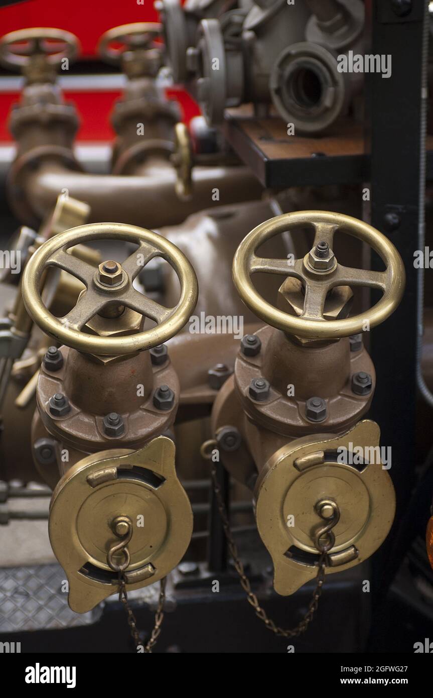 shut-off valves on a historic fire engine, Germany Stock Photo