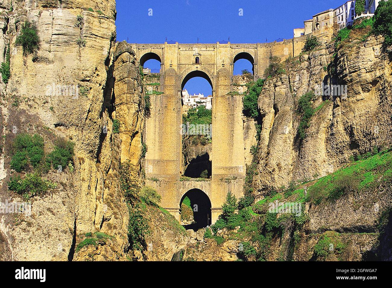 Gorge and bridge of the divided town of Ronda, in the Serrania de Ronda, Spain, Ronda Stock Photo