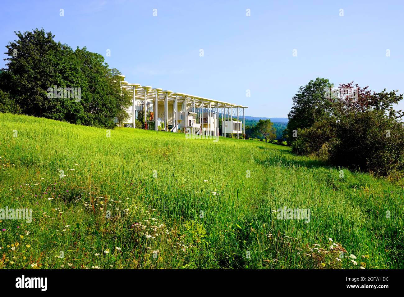 View of the Jan Michalski Foundation complex in magnificent Jura landscape. The Jan Michalski Foundation in Montricher is a place entirely dedicated t Stock Photo