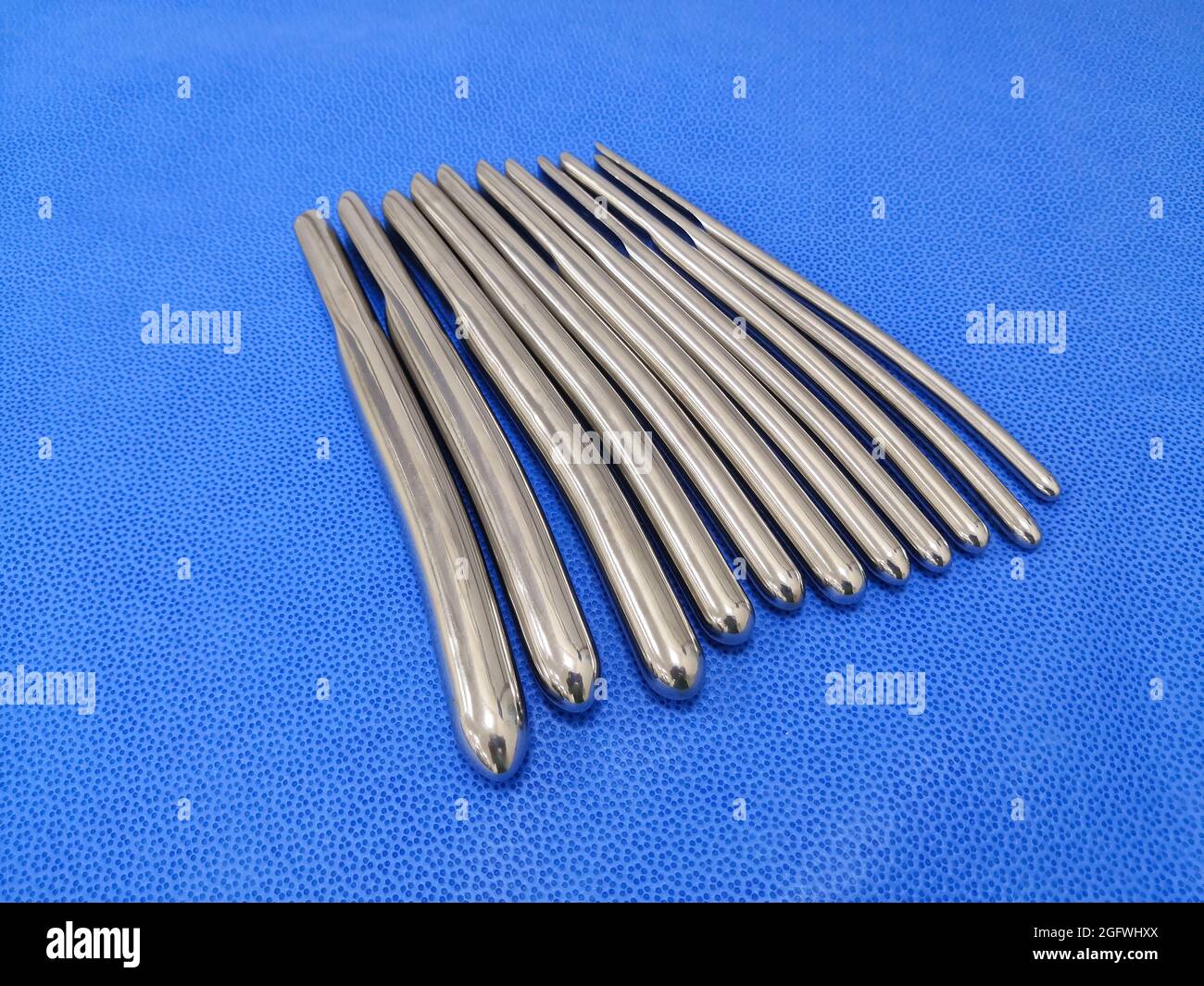 Closeup Image of Medical Surgical Single End Urethral Dilator Set In Different Size Using For Medical Examination & Diagnostic Procedure. Selective Fo Stock Photo