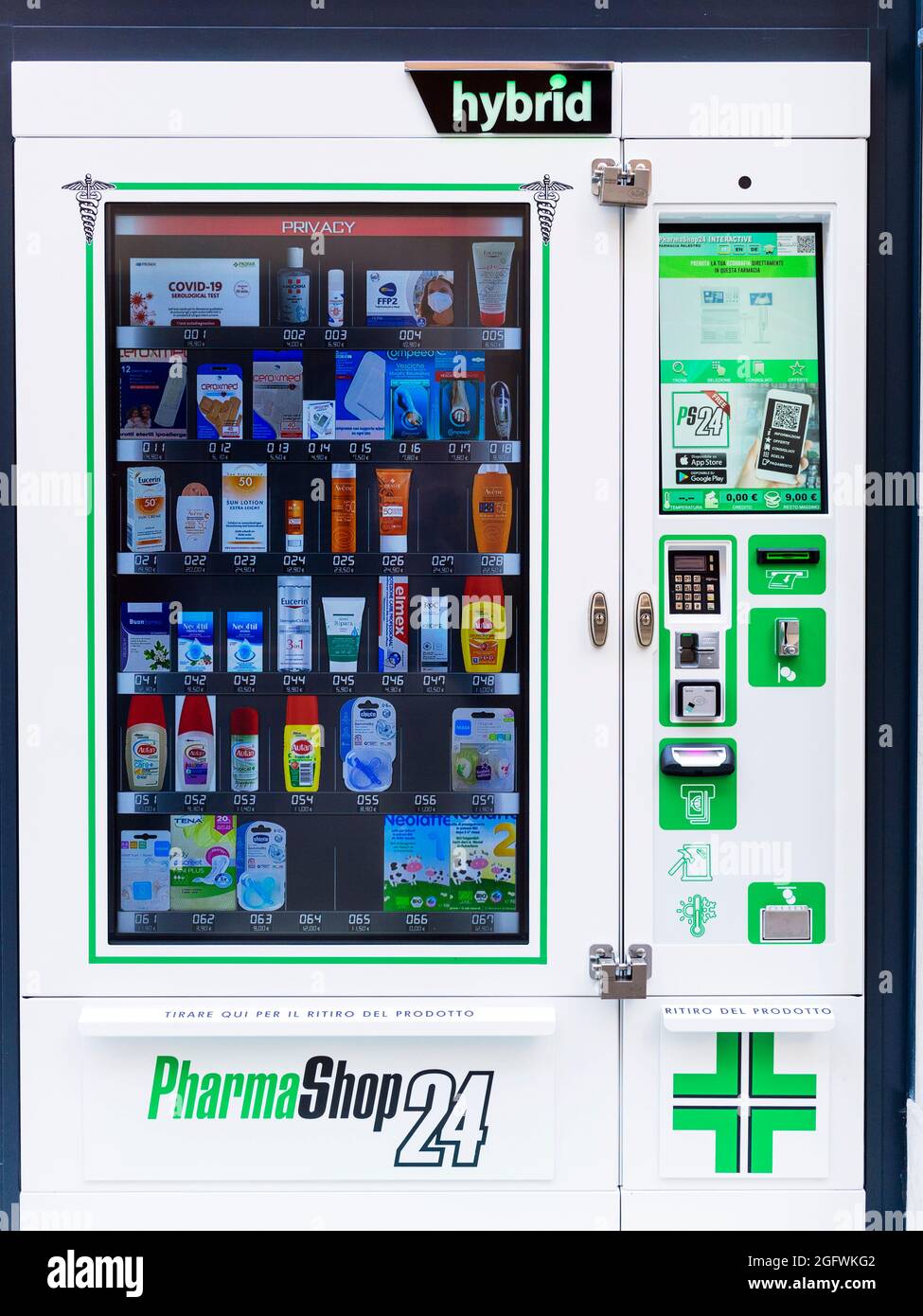 Self-service vending machine at a pharmacy in Brescia, Italy. Taken in August 2021. Stock Photo