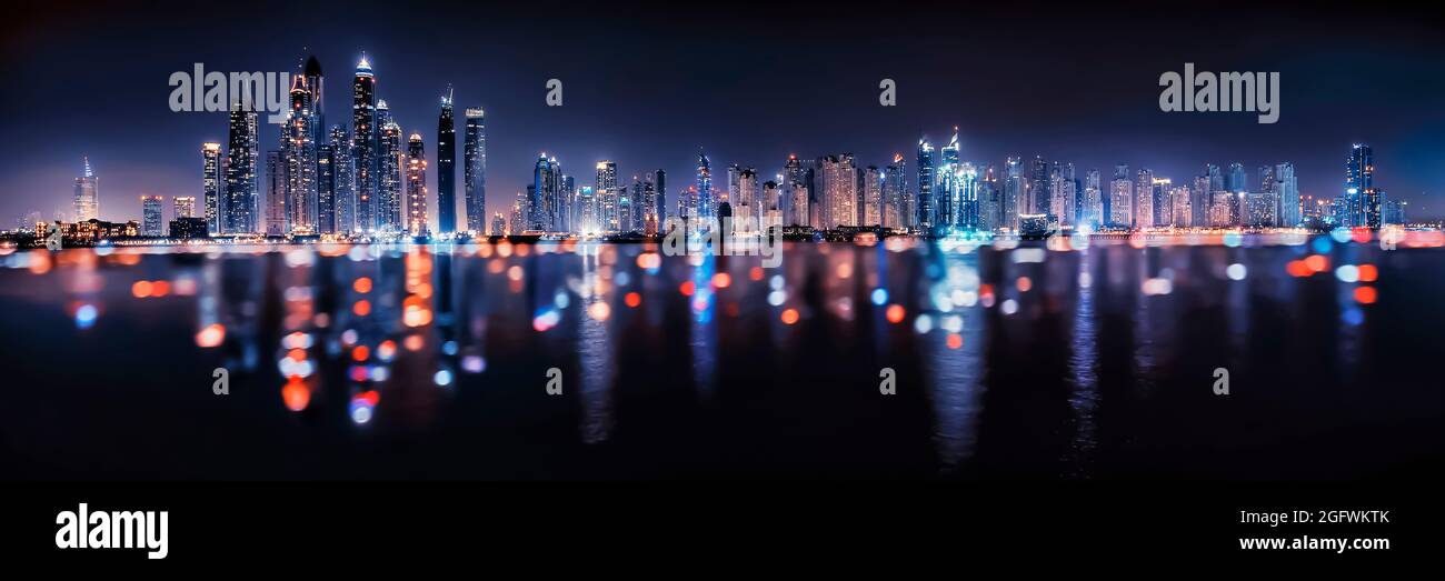 Dubai Marina bokeh reflection in UAE Stock Photo