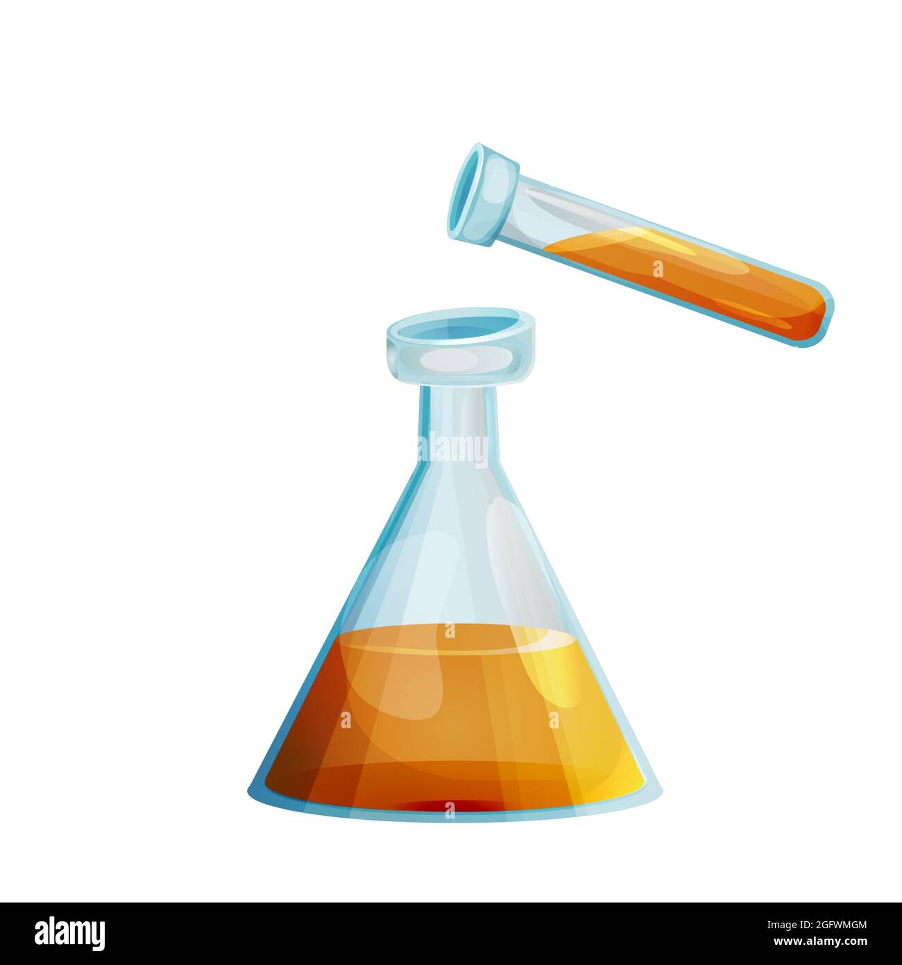 Laboratory glass bottle with test tube with liquid in cartoon style isolated on white background. Lab, chemistry element, science equipment. Vector illustration Stock Vector