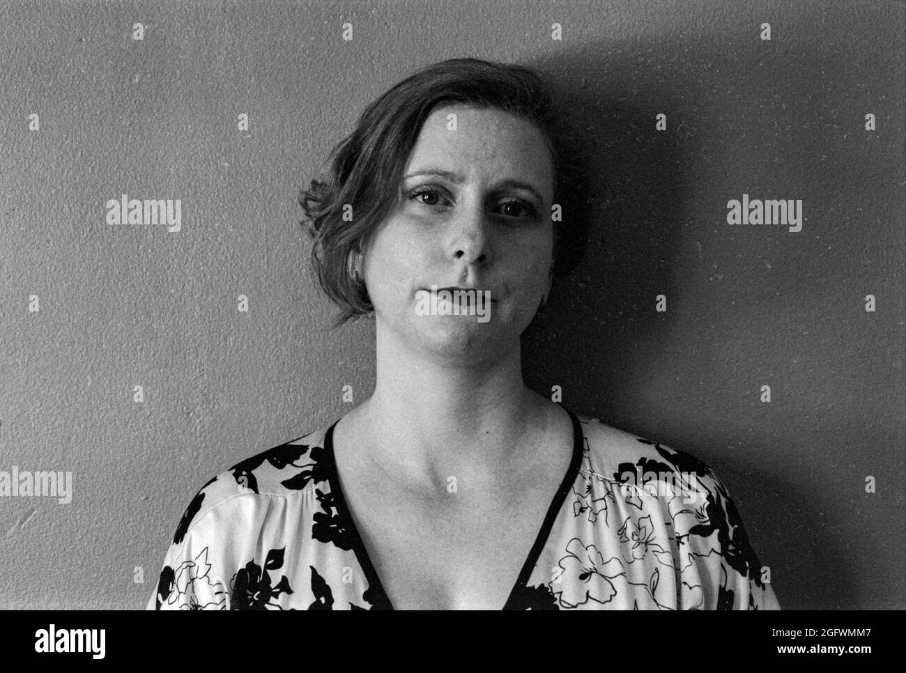 Tilburg, Netherlands. Studio Portrait of an adult, caucasian woman on analog black and white film. Stock Photo