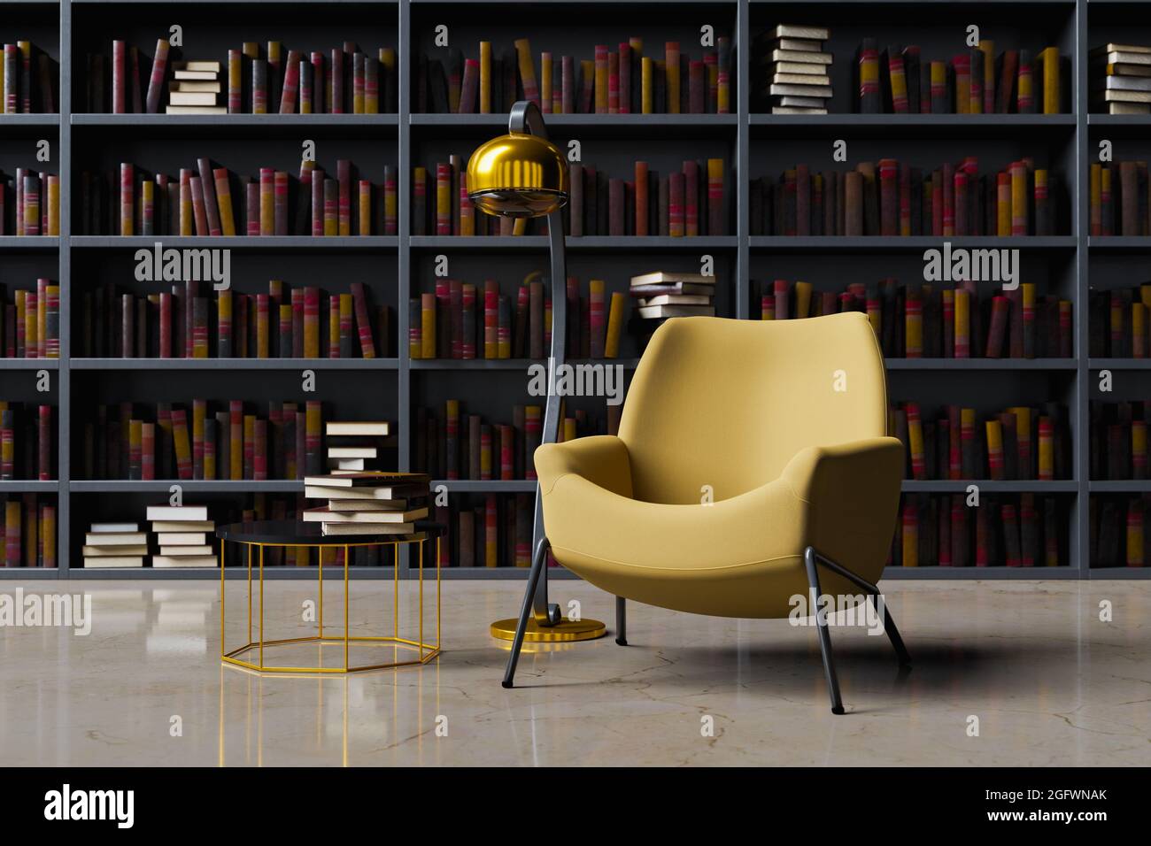 closeup of a yellow sofa with a floor lamp and a small table in an elegant library. 3d rendering Stock Photo