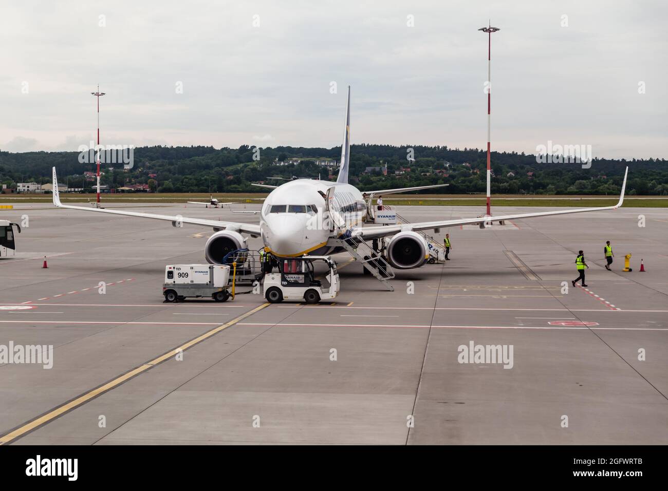Ryanair Airlines Airbus A320 seen on the landing area.  Krakow John Paul II International Airport is an international airport located near Kraków, in Stock Photo