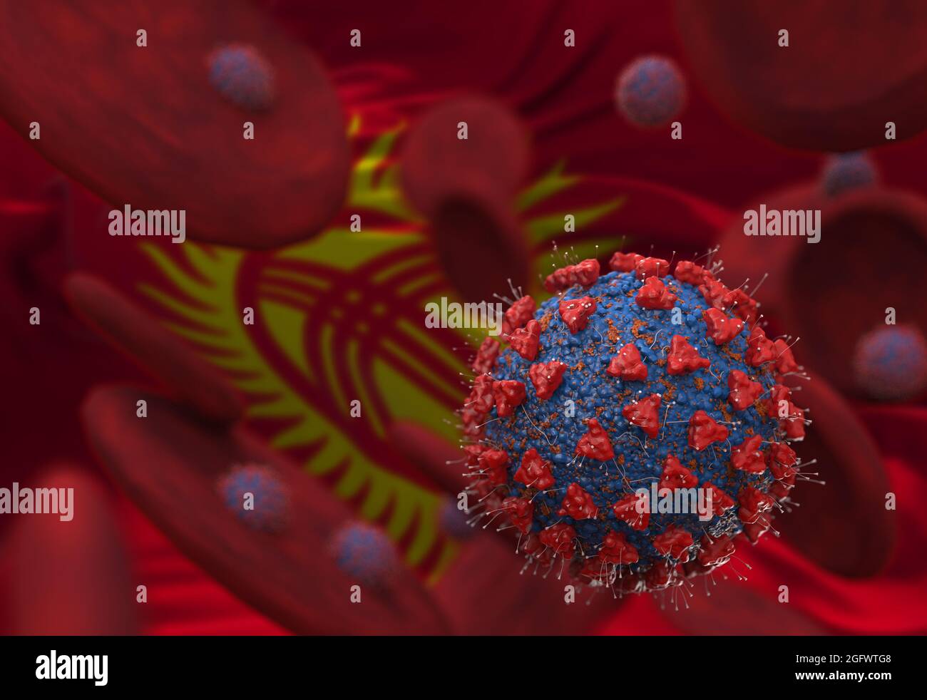 Virus and blood cells against flag of Kyrgyzstan. 3d illustration. viral infection causing chronic disease. Hepatitis viruses, influenza virus H1N1, C Stock Photo