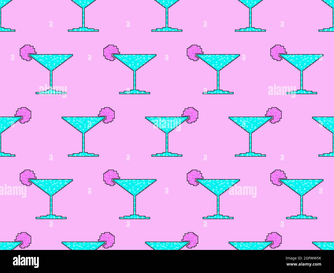 Cocktail glass seamless pattern. Martini glass pixel art. 8 bit graphic