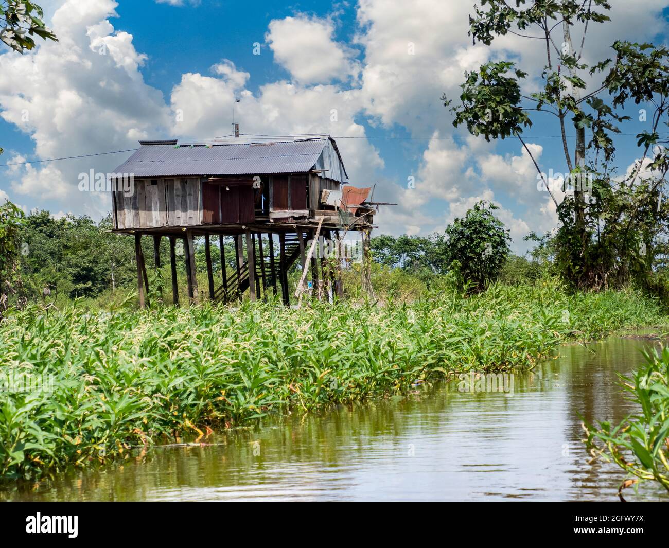 Belen, Peru- Dec 2019: Houses on the water in the floodplain of the Itaya River, poorest part of Iquitos - Belén. Venice of Latin America. Iquitos, So Stock Photo