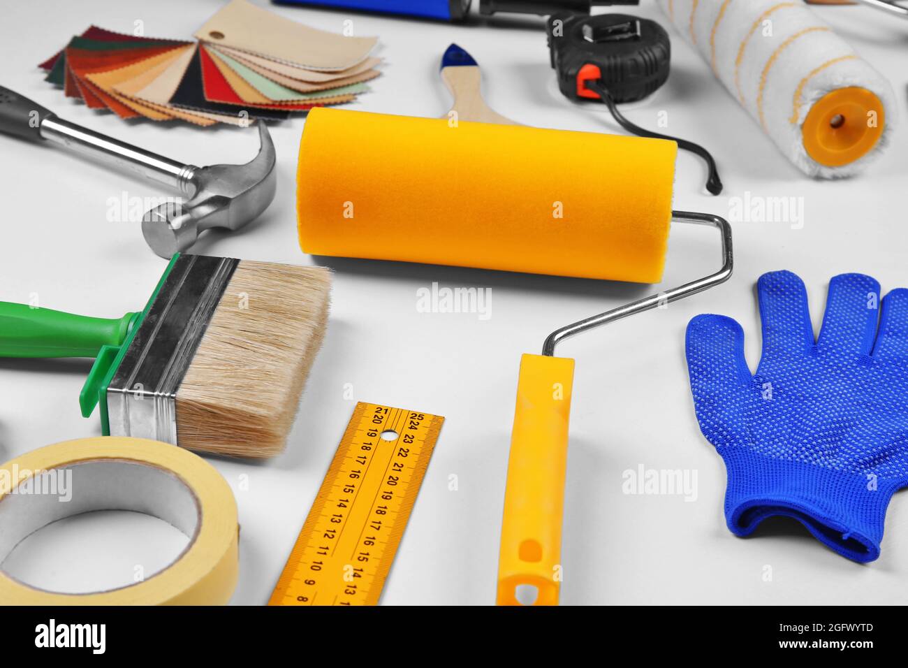 Set of professional decorator equipment on white background Stock Photo