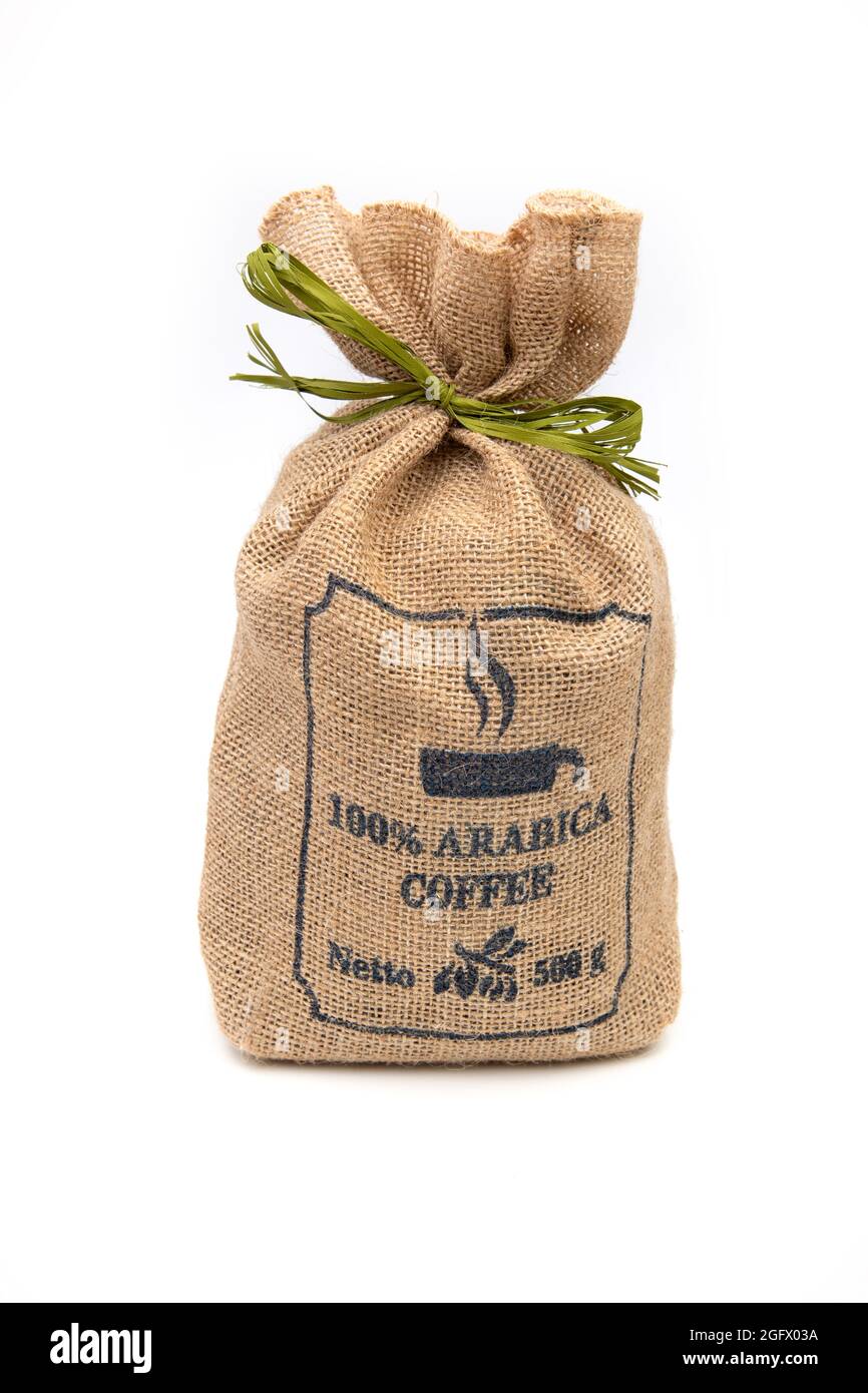 coffee beans in bag isolated on white background Stock Photo - Alamy