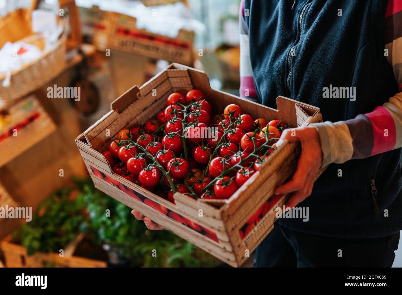 Shop assistant holding crate with tomatoes Stock Photo