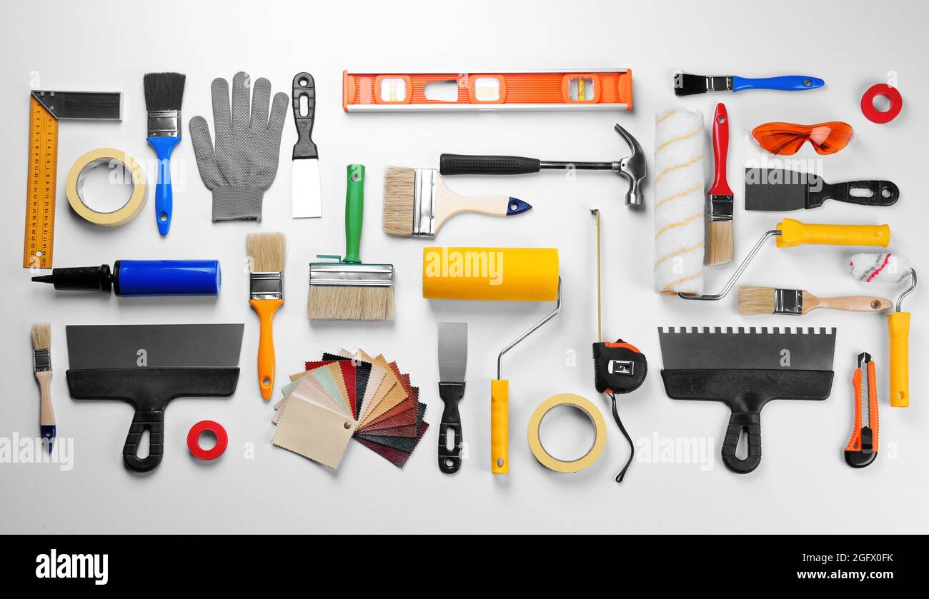 Set of professional decorator equipment on white background Stock Photo ...