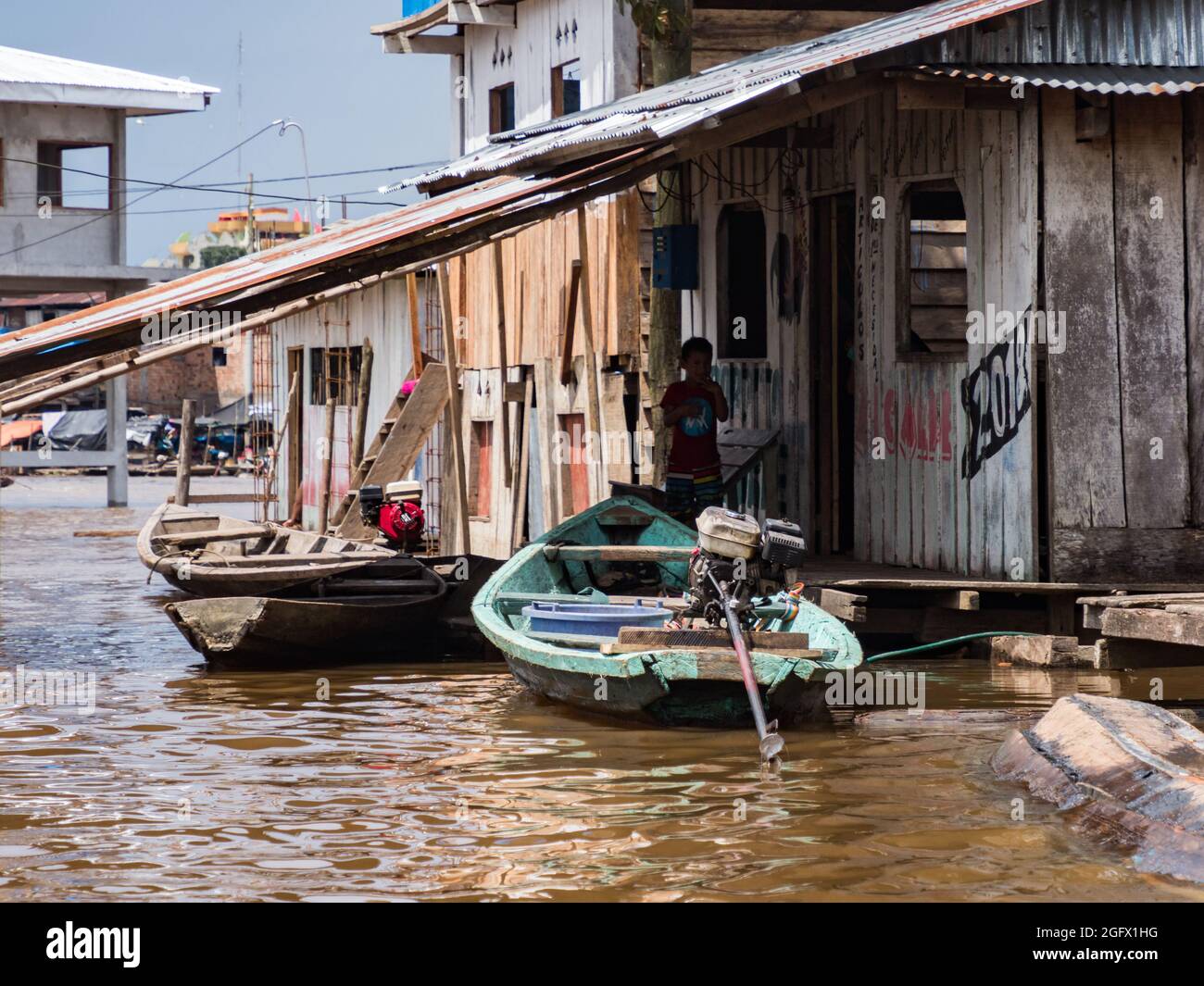 Belen, Peru- Dec 2019: Houses on the water in the floodplain of the Itaya River, poorest part of Iquitos - Belén. Venice of Latin America. Iquitos, So Stock Photo