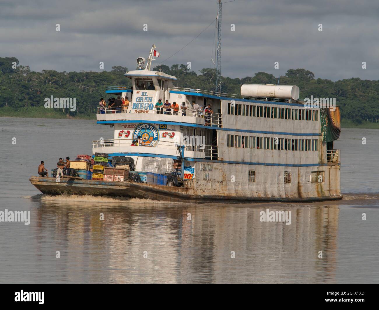 Amazon River, Peru - Dec 12, 2017: Cargo boat in the middle of Amazon river, Amazonia, South America Stock Photo