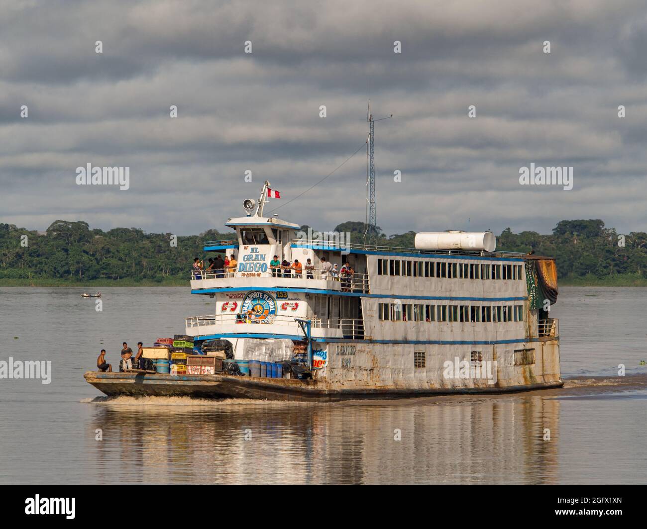 Amazon River, Peru - Dec 12, 2017: Cargo boat in the middle of Amazon river, Amazonia, South America Stock Photo