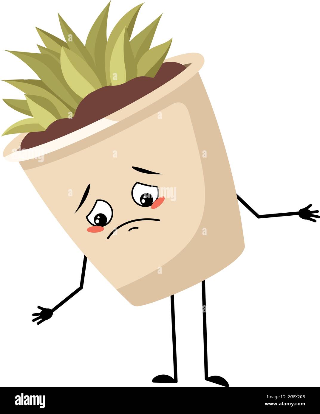 Cute character indoor plant in a pot with sad emotions, depressed face