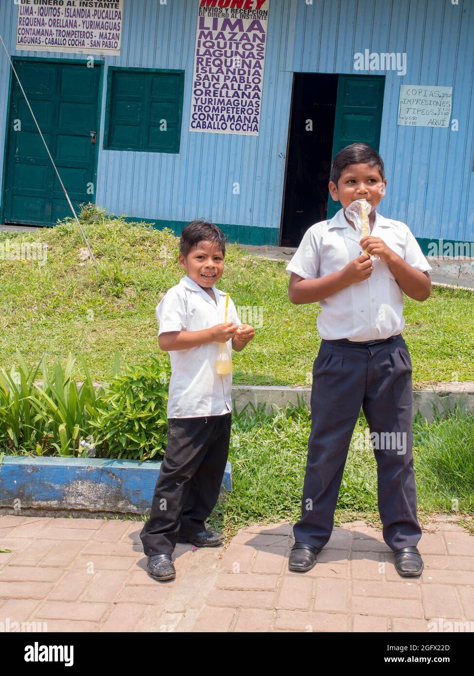Pebas Peru Sep, 2017 Children in the school uniform is going to