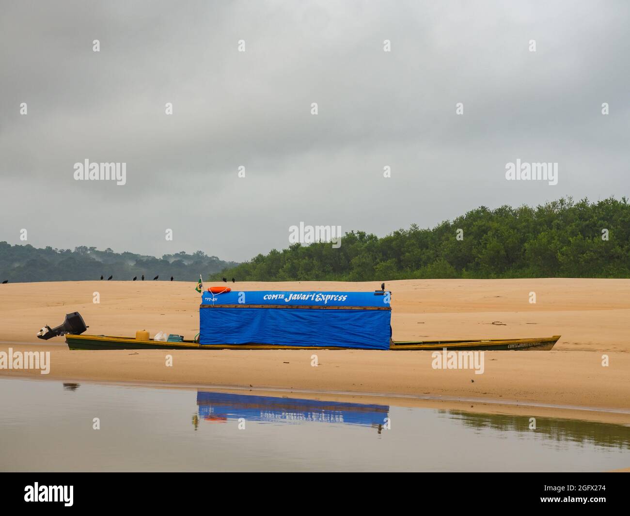 Amazonia. Latin America. Sep, 2017 Boat on the sandy Amazon beach