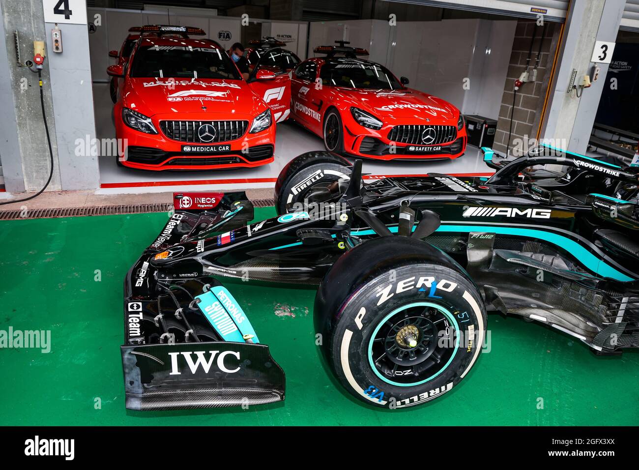 The Mercedes AMG F1 GP W12 E Performance, with the Mercedes FIA Safety Car  and Medical Car during the Formula 1 Belgium Grand Prix, 12th round of the  2021 FIA Formula One