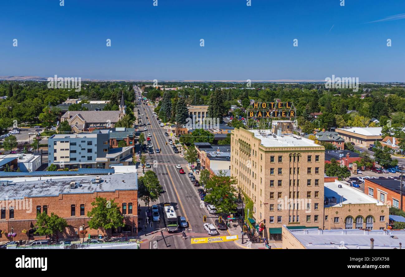 Bozeman, MT, USA - August 18, 2021: Aerial view of the seven story Hotel Baxter building along the city. Stock Photo