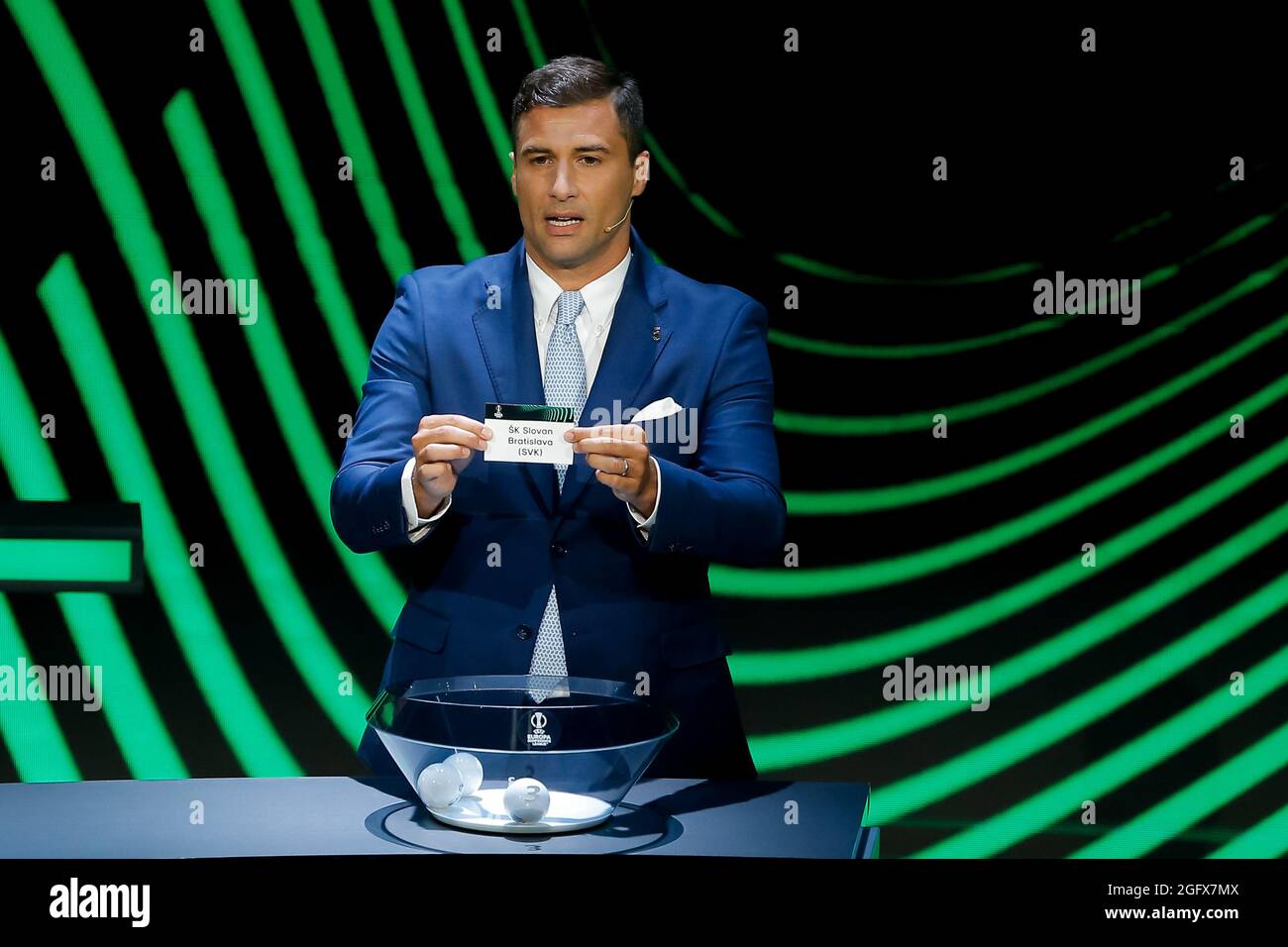 Istanbul, Turkey. 27th Aug, 2021. ISTANBUL, TURKEY - AUGUST 27: Former Player Lorik Cana draws out the card of SK Slovan Bratislava during the UEFA Conference League 2021/22 Group Stage Draw at the Halic Congress Center on August 27, 2021 in Istanbul, Turkey. (Photo by Orange Pictures) Credit: Orange Pics BV/Alamy Live News Stock Photo