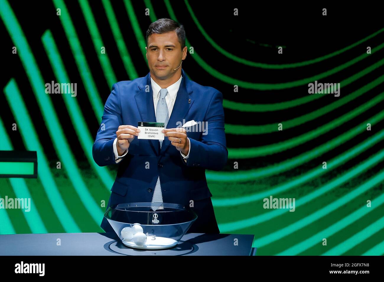 Istanbul, Turkey. 27th Aug, 2021. ISTANBUL, TURKEY - AUGUST 27: Former Player Lorik Cana draws out the card of SK Slovan Bratislava during the UEFA Conference League 2021/22 Group Stage Draw at the Halic Congress Center on August 27, 2021 in Istanbul, Turkey. (Photo by Orange Pictures) Credit: Orange Pics BV/Alamy Live News Stock Photo