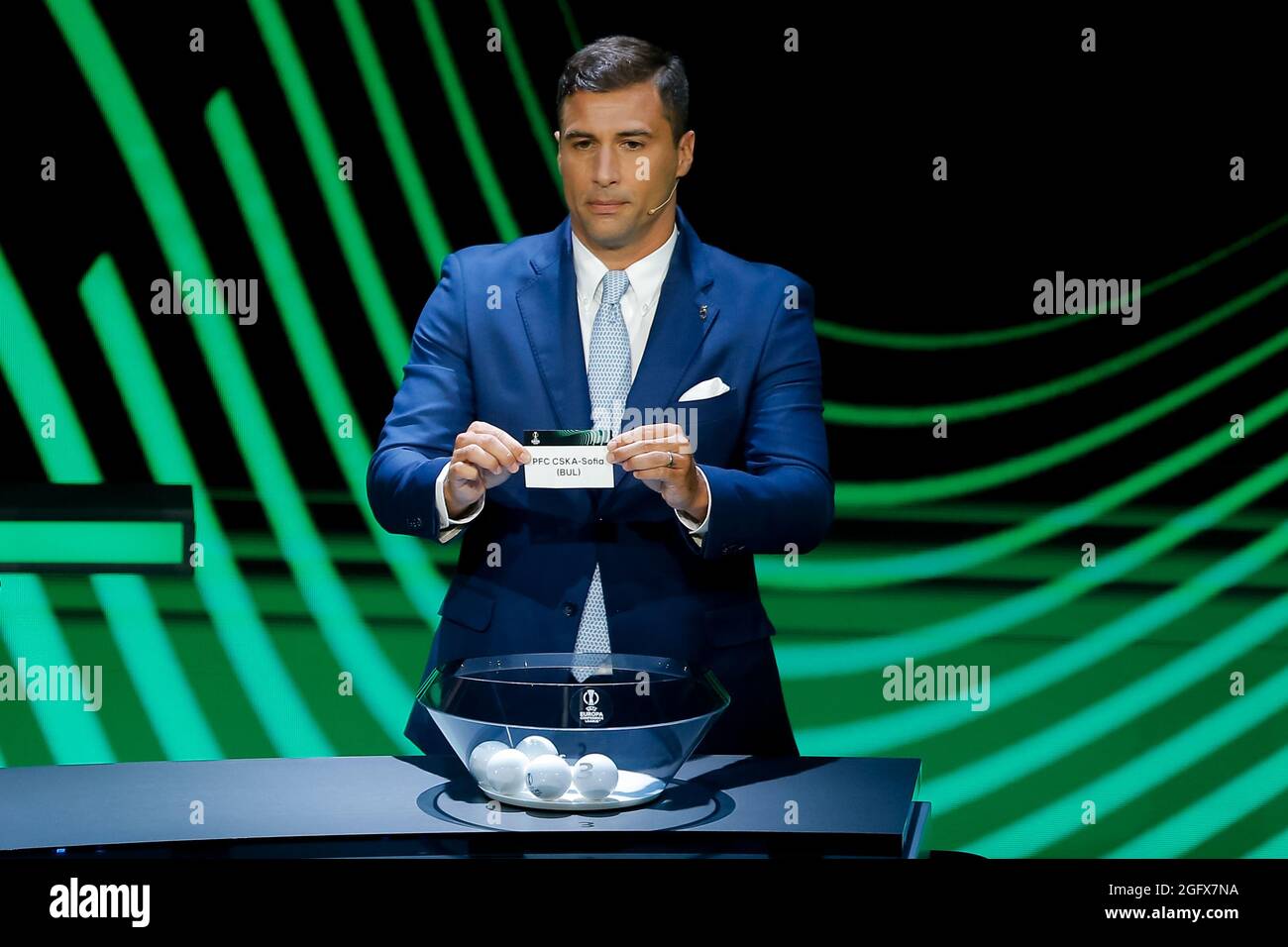 Istanbul, Turkey. 27th Aug, 2021. ISTANBUL, TURKEY - AUGUST 27: Former Player Lorik Cana draws out the card of PFC CSKA-Sofia during the UEFA Conference League 2021/22 Group Stage Draw at the Halic Congress Center on August 27, 2021 in Istanbul, Turkey. (Photo by Orange Pictures) Credit: Orange Pics BV/Alamy Live News Stock Photo