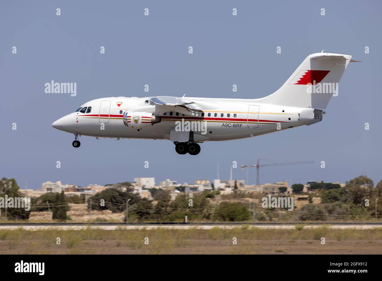 Bahrain Air Force British Aerospace Avro 146-RJ70 (Reg.: A9C-BRF) arriving fresh from a new paint job in Norwich, UK. Stock Photo