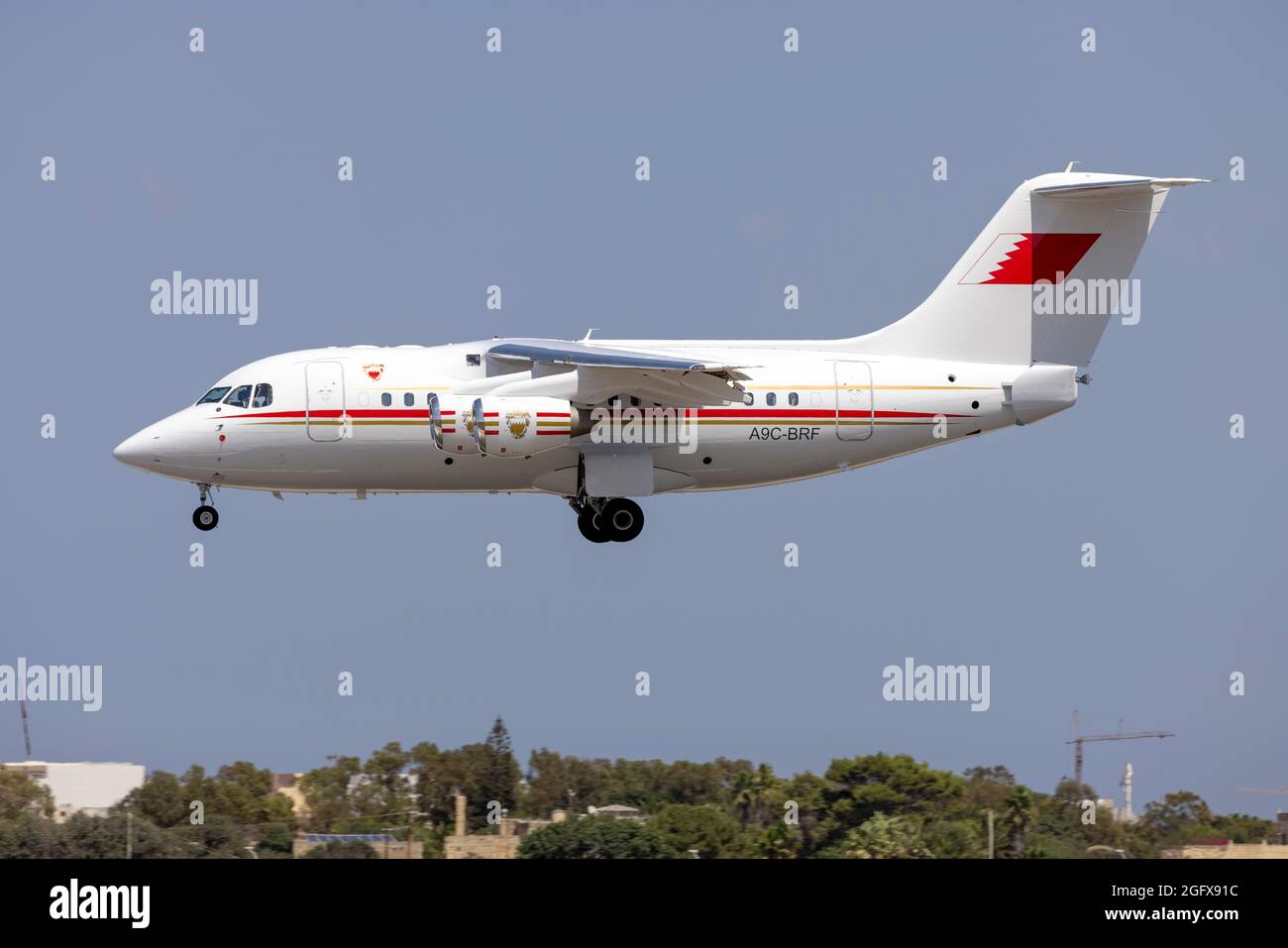 Bahrain Air Force British Aerospace Avro 146-RJ70 (Reg.: A9C-BRF) arriving fresh from a new paint job in Norwich, UK. Stock Photo