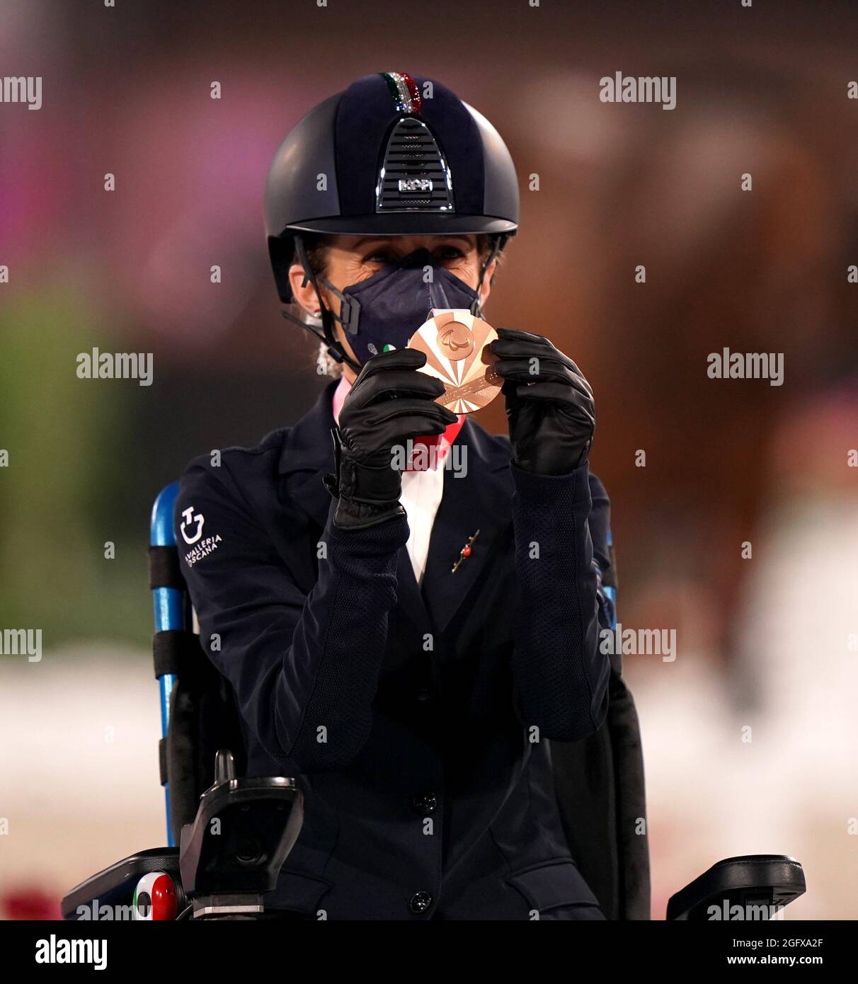 Italy's Sara Morganti poses with her bronze medal after finishing third in the Dressage Individual Test - Grade One at the Equestrian Park during day three of the Tokyo 2020 Paralympic Games in Japan. Picture date: Friday August 27, 2021. Stock Photo