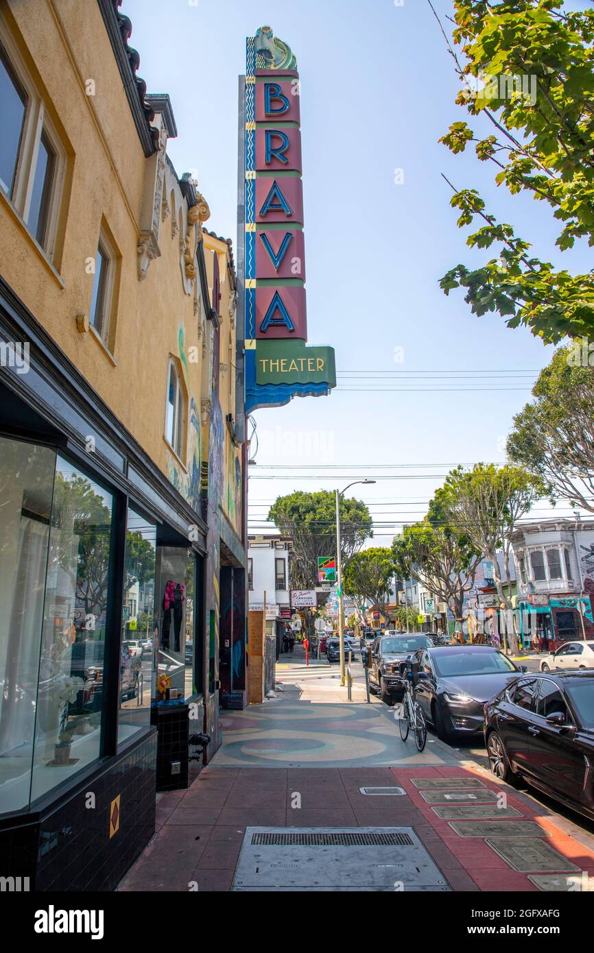 The Brava Theater is located on 24th Street in The Mission District of San Francisco, California. Stock Photo