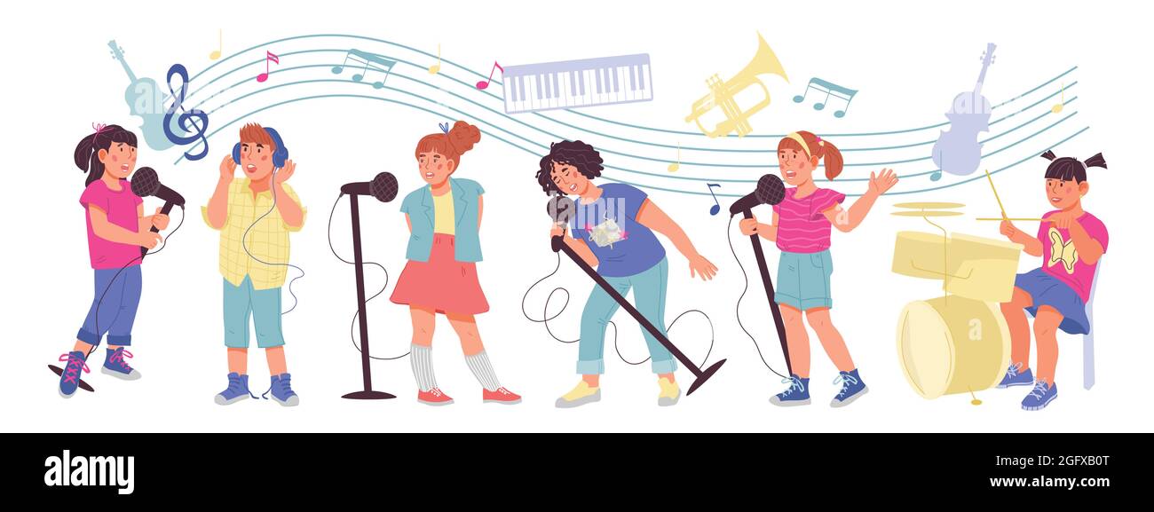 Banner with children playing musical Instruments and singing songs. Kids orchestra or band, music education for children and karaoke concept, flat vec Stock Vector