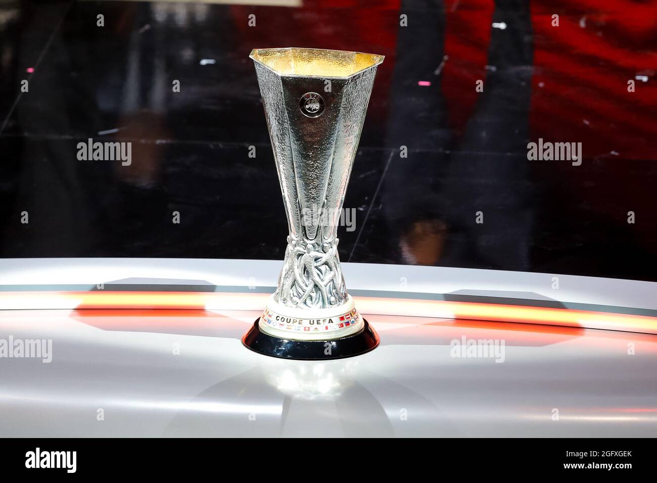 ISTANBUL, TURKEY - AUGUST 27: General view of the UEFA Europa League trophy during the UEFA Europa League 2021/22 Group Stage Draw at the Halic Congress Center on August 27, 2021 in Istanbul, Turkey. (Photo by Orange Pictures) Stock Photo