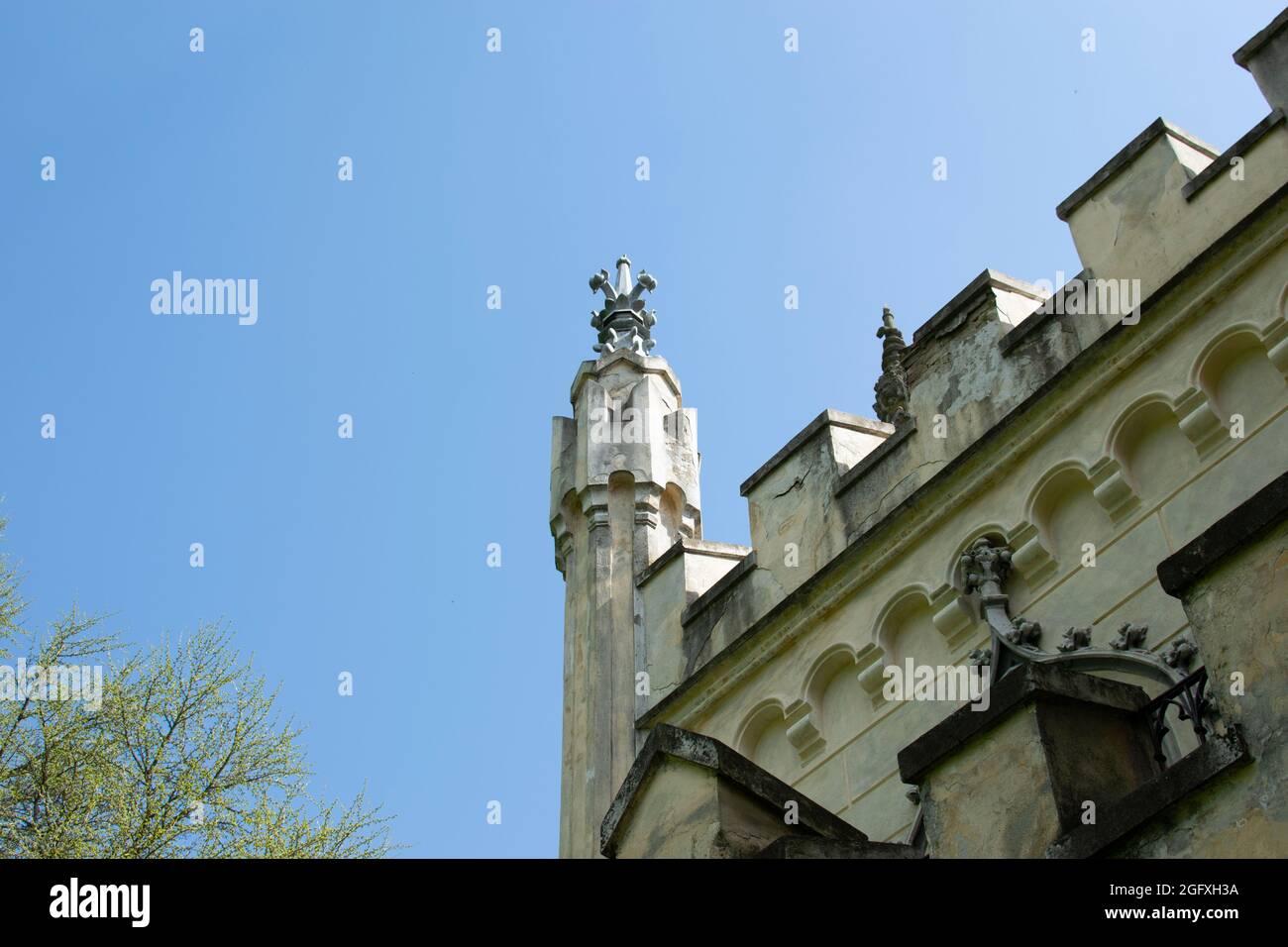 The towers of the Sturdza Castle from Miclauseni, Romania Stock Photo