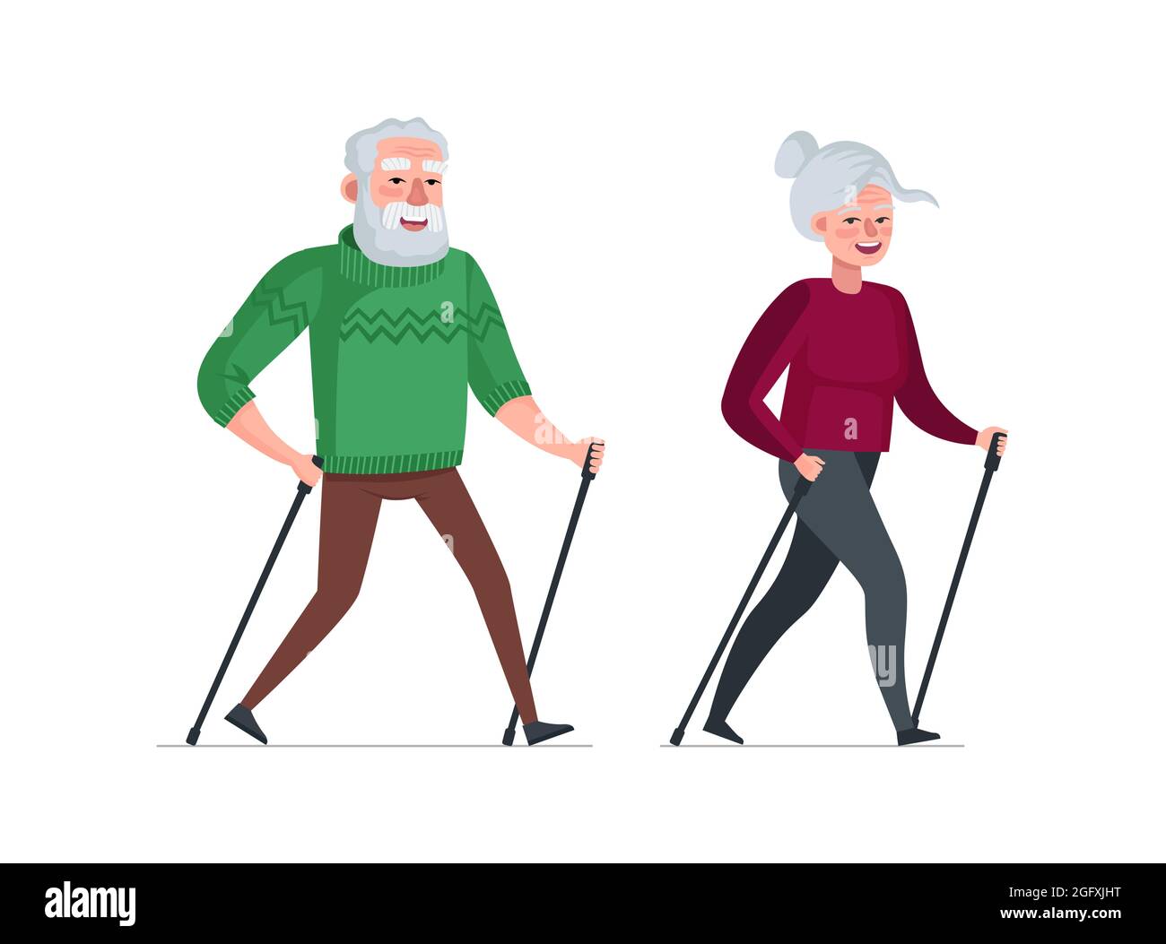 Elderly couple retired leisure time together. Nordic walk active cheerful healthy old people. Senior aged pensioners healthy lifestyle. Grandfather and grandmother outdoor exercise vector illustration Stock Vector
