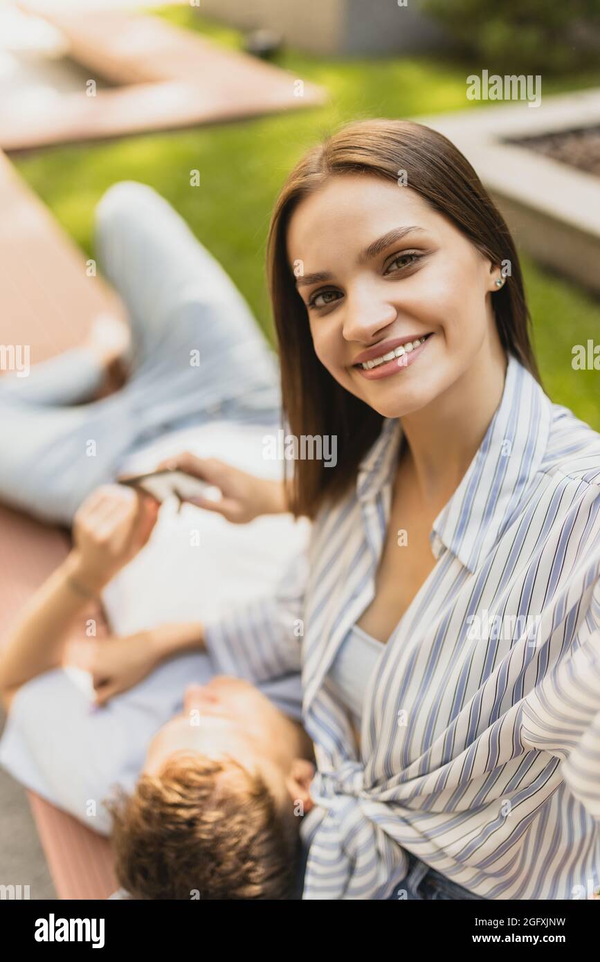 Close-up portrait of young beautiful woman taking selfie outdoor Stock ...
