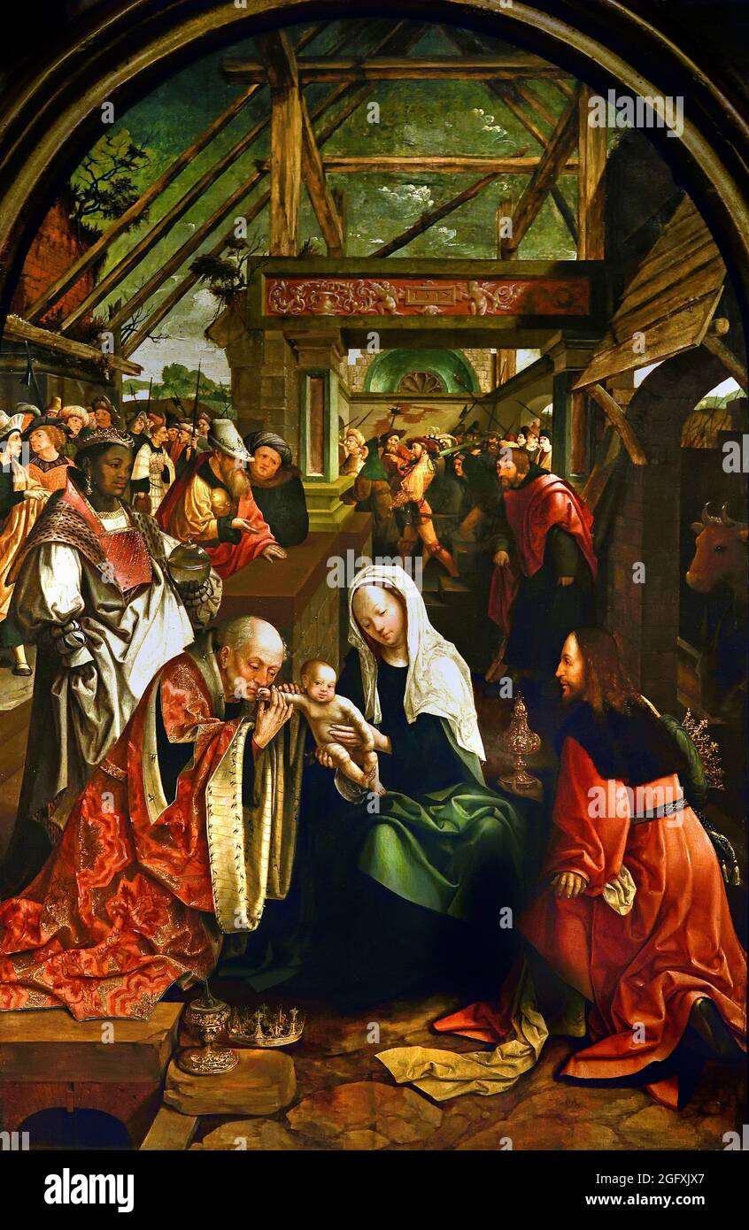The Adoration of the Three Magi, 1517 by Jacob Cornelisz. van Oostsanen, 1472-1533 (  kings the child Jesus. The patrons, children and patron saints are depicted on the side panels. father with six sons and Saint Jerome, mother with seven daughters and Saint Catherine. two children, depicted in white shrouds, had already died.) Stock Photo