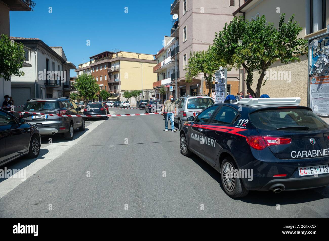 Corigliano Rossano, Italy. 27th Aug, 2021. Pasquale Semeraro, 34, was seriously injured in an ambush around noon on Via Nazionale, in the city center of Corigliano. He was shot while aboard a 150cc Vespa perhaps due to a settling of scores but the investigations of the carabinieri are also moving in the Mafia circles of the Ndrangheta. Credit: Independent Photo Agency/Alamy Live News Stock Photo
