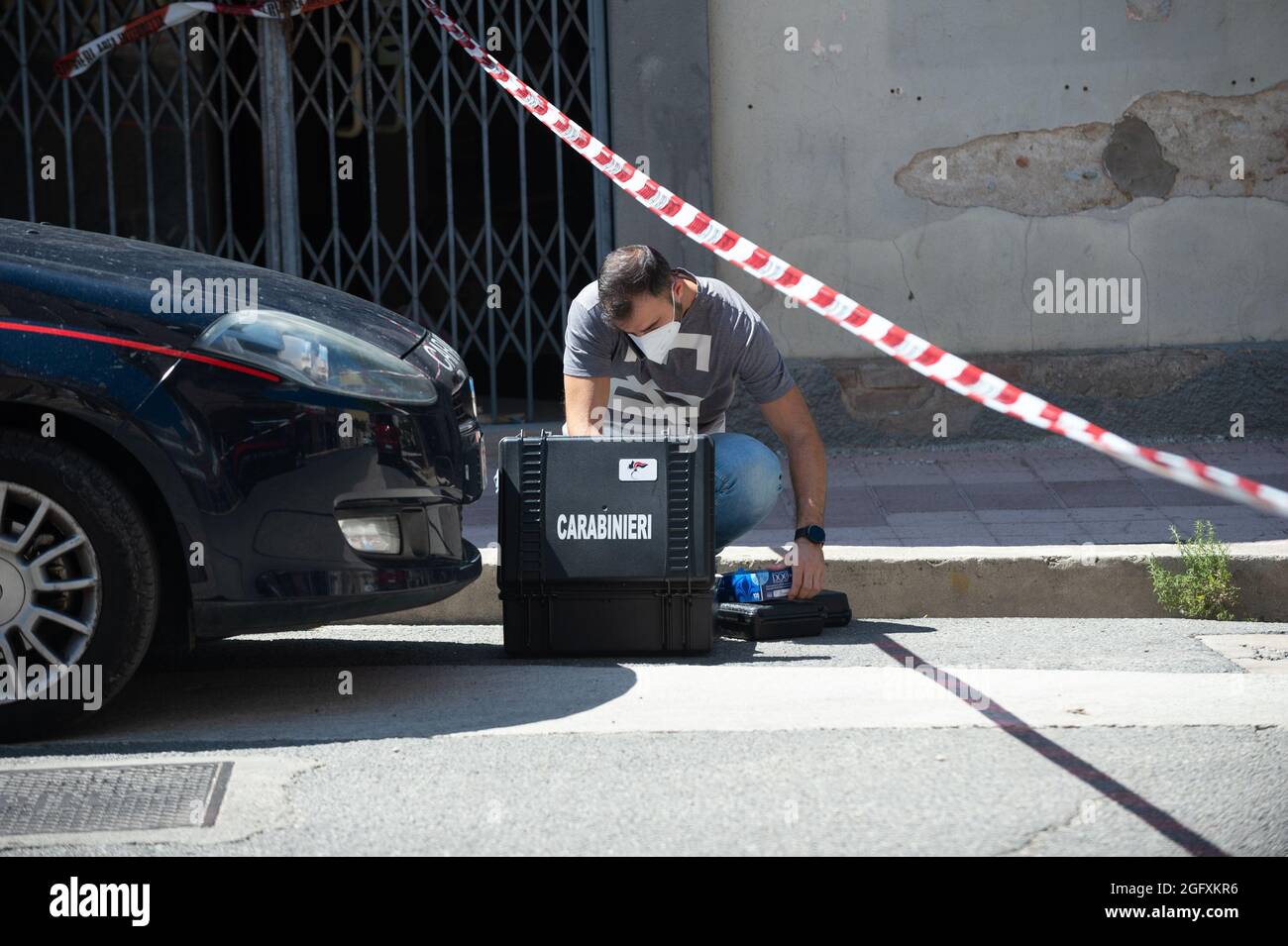 Corigliano Rossano, Italy. 27th Aug, 2021. Pasquale Semeraro, 34, was seriously injured in an ambush around noon on Via Nazionale, in the city center of Corigliano. He was shot while aboard a 150cc Vespa perhaps due to a settling of scores but the investigations of the carabinieri are also moving in the Mafia circles of the Ndrangheta. Credit: Independent Photo Agency/Alamy Live News Stock Photo