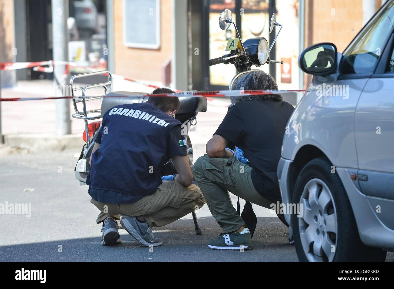 Corigliano Rossano, Italy. 27th Aug, 2021. Pasquale Semeraro, 34, was seriously injured in an ambush around noon on Via Nazionale, in the city center of Corigliano. He was shot while aboard a 150cc Vespa perhaps due to a settling of scores but the investigations of the carabinieri are also moving in the Mafia circles of the Ndrangheta. Credit: Independent Photo Agency/Alamy Live News Stock Photo