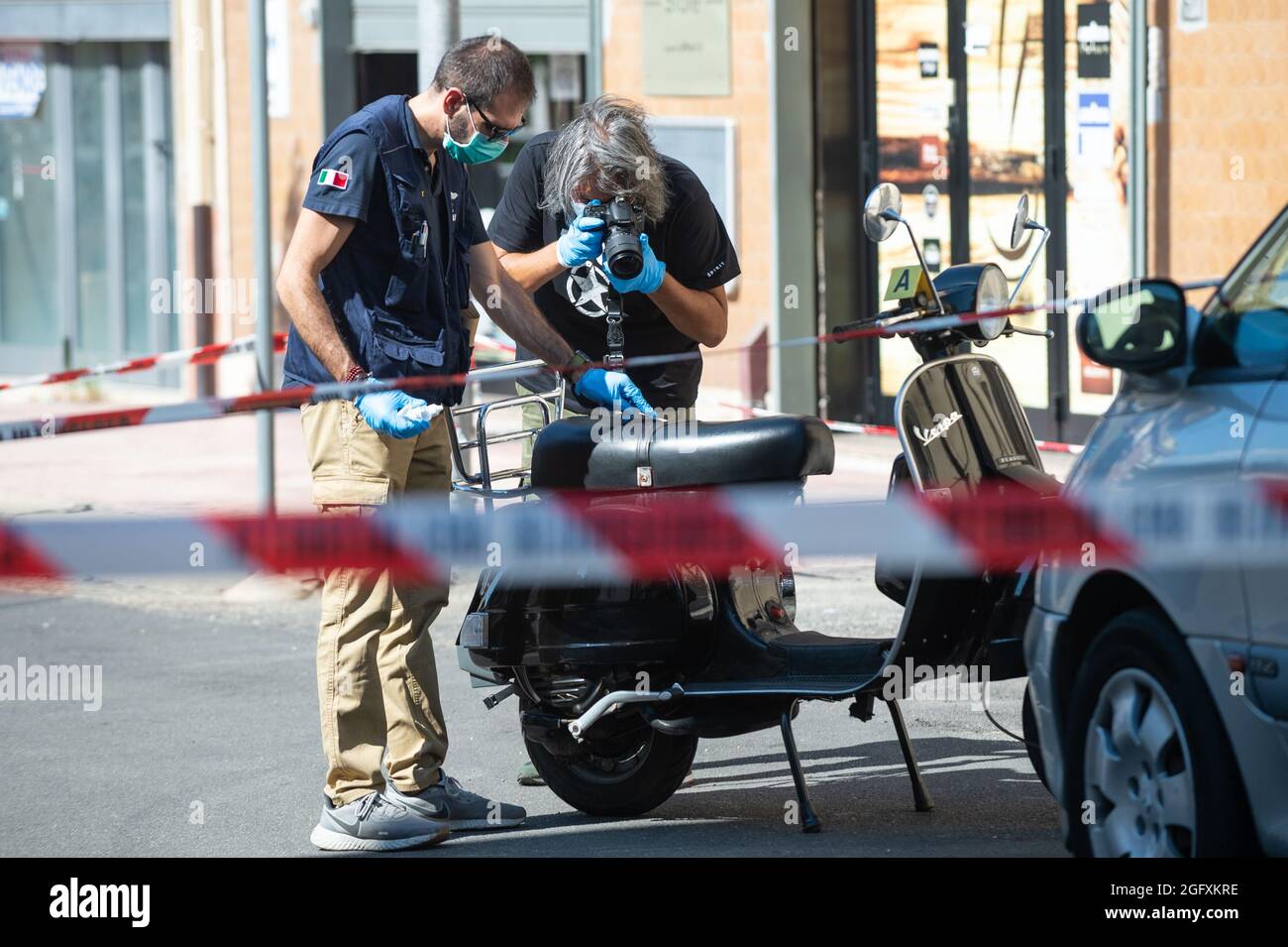 Corigliano Rossano, Italy. 27th Aug, 2021. Pasquale Semeraro, 34, was seriously injured in an ambush around noon on Via Nazionale, in the city center of Corigliano. He was shot while aboard a 150cc Vespa perhaps due to a settling of scores but the investigations of the carabinieri are also moving in the Mafia circles of the Ndrangheta. Credit: Independent Photo Agency/Alamy Live News Stock Photo