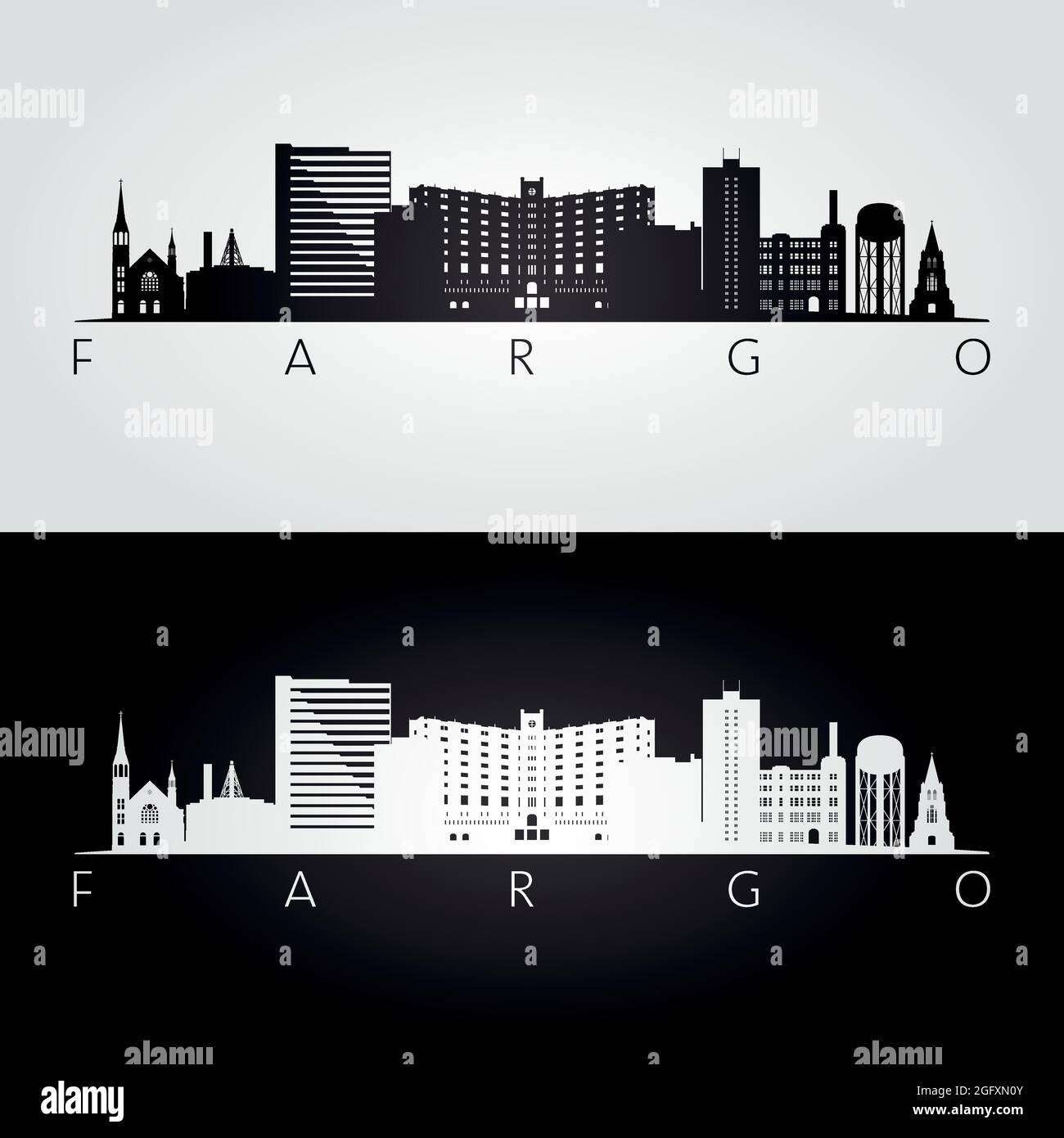 Fargo usa skyline and landmarks silhouette, black and white design, vector illustration. Stock Vector