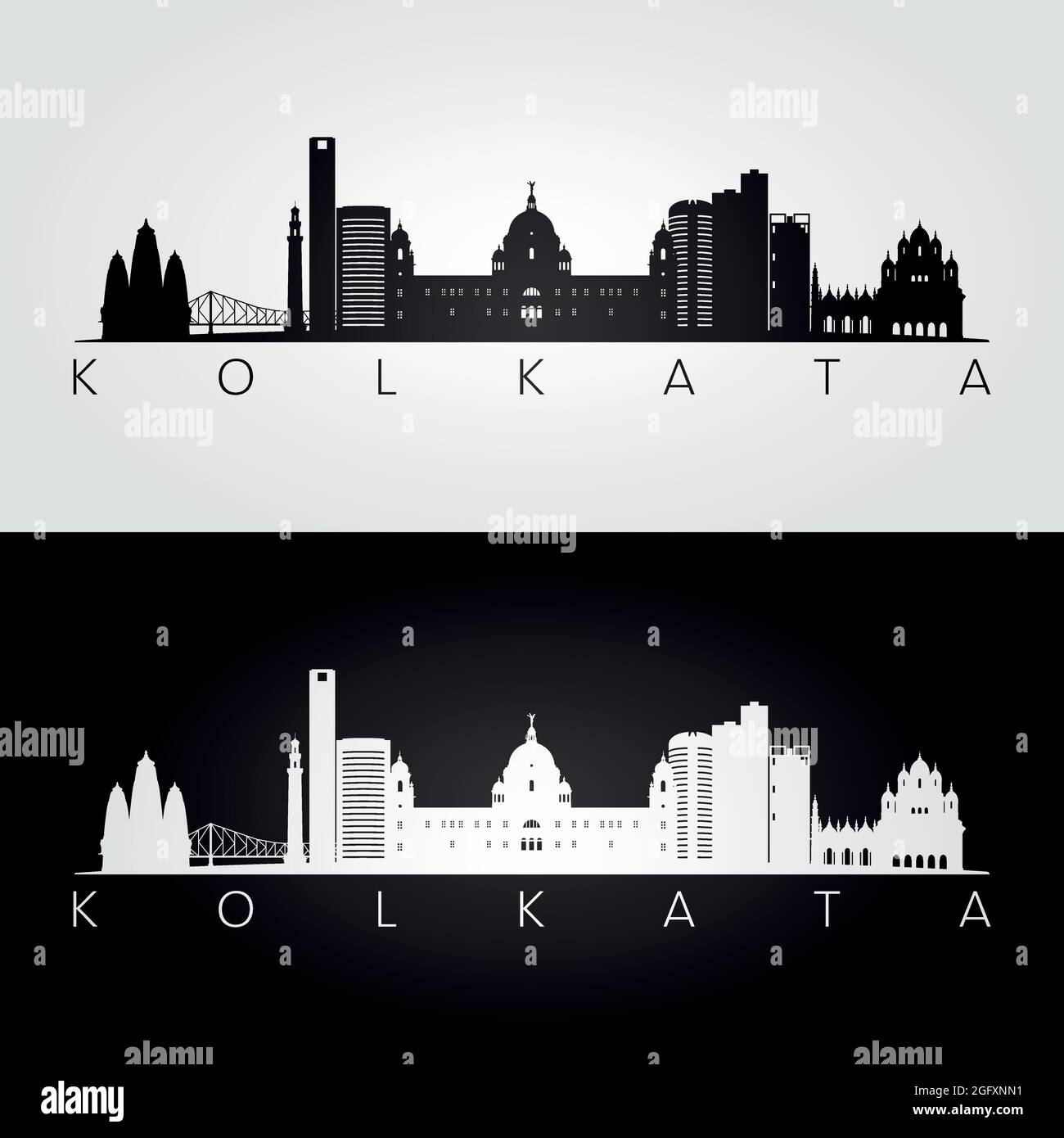 Kolkata skyline and landmarks silhouette, black and white design