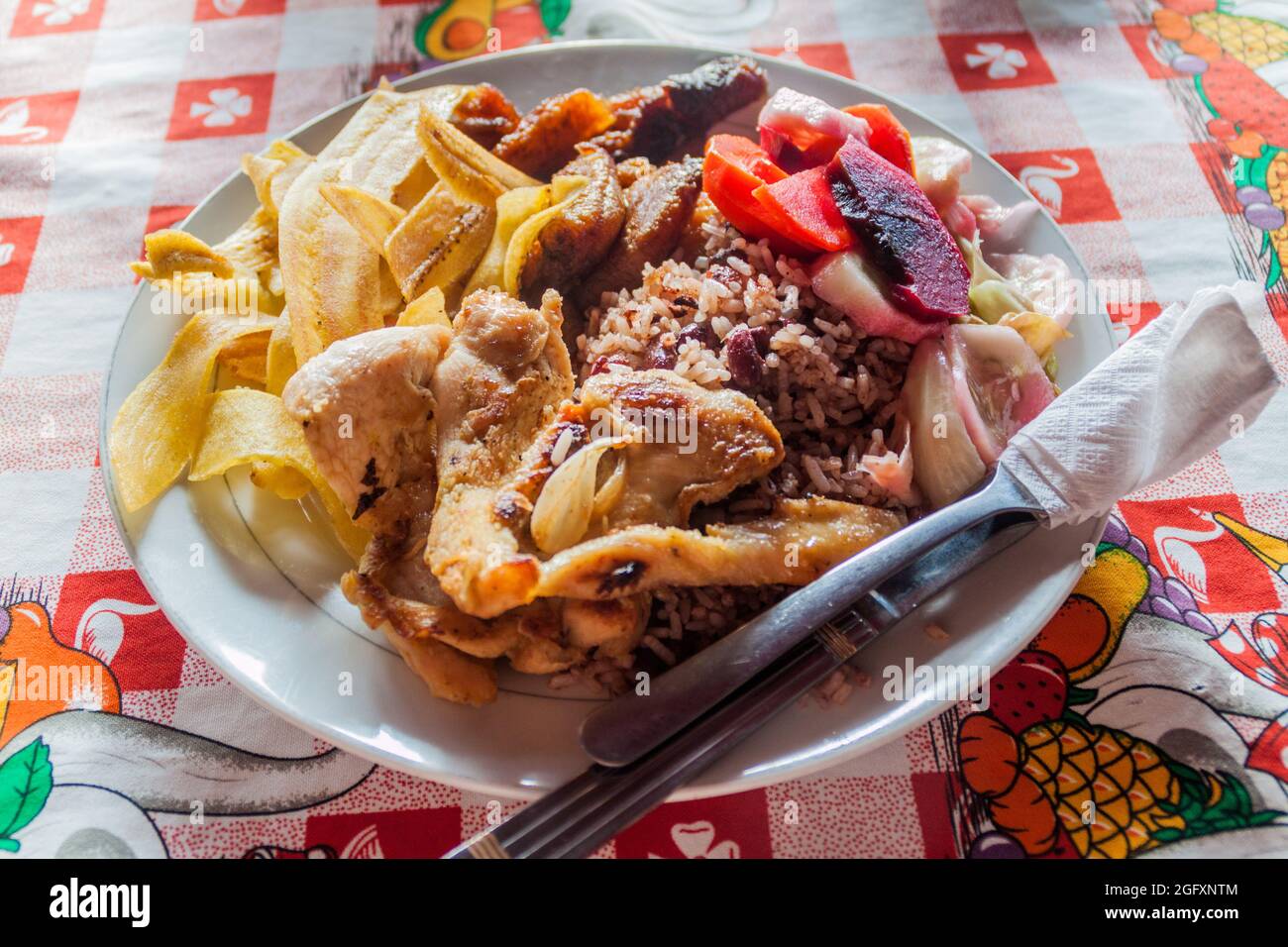 Nicaragua Rice Typical lunch of meat, beans, rice and plantains in Nicaragua Stock ...