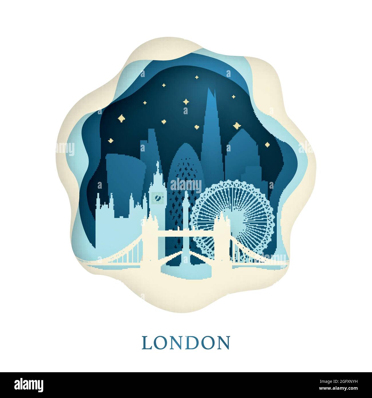Paper art of London. Origami concept. Night city with stars. Vector