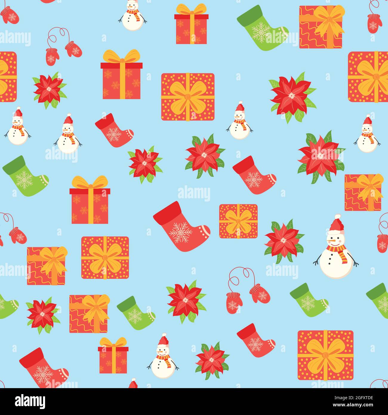 Seamless pattern with cute cartoon Christmas snowman, gifts, poinsettia ...