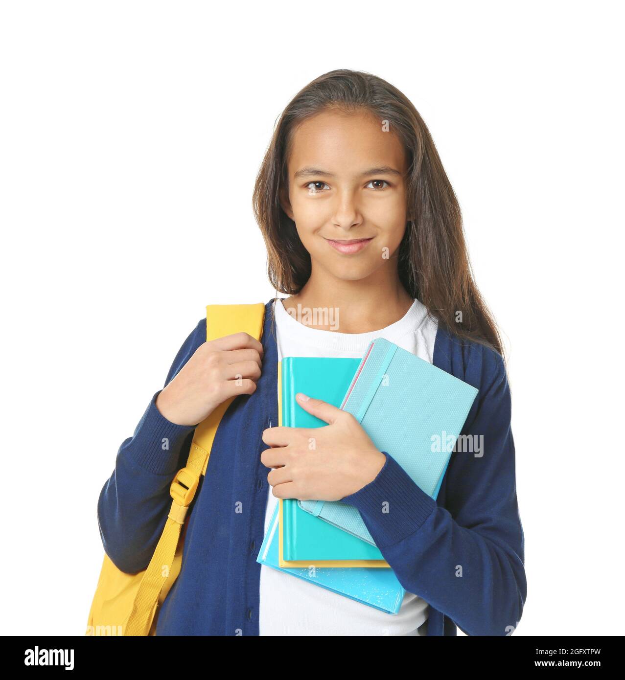 Cute schoolgirl with books on white background Stock Photo - Alamy